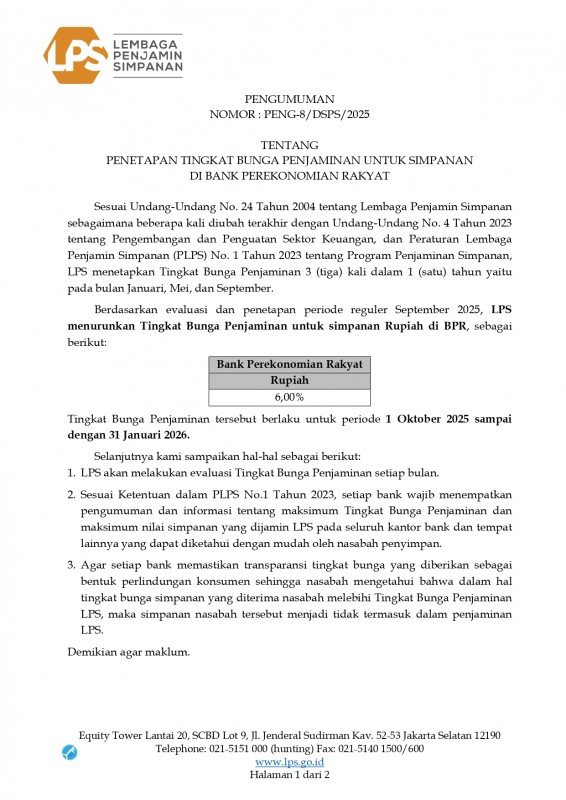 PENGUMUMAN TINGKAT BUNGA PENJAMINAN LPS (BPR)